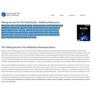 Cambridge Music Technology "Mixing Secrets for the Small Studio" additional resources page with a multitrack download library