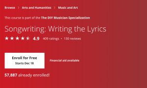 Coursera course page for Songwriting: Writing the Lyrics, part of the DIY Musician Specialization