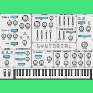 Syntorial synthesizer interface with oscillator, filter and envelope controls above a keyboard