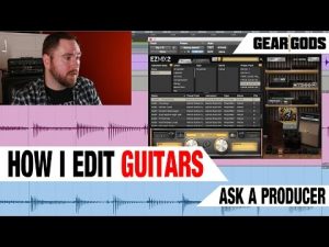 Gear Gods video thumbnail "How I Edit Guitars" showing a DAW with guitar waveforms