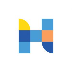 Logo of blue, yellow and orange geometric blocks forming the letter H