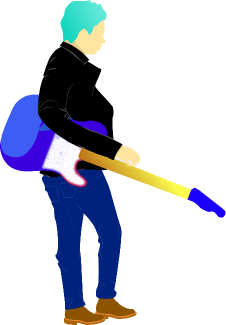 Illustrated guitarist with green hair