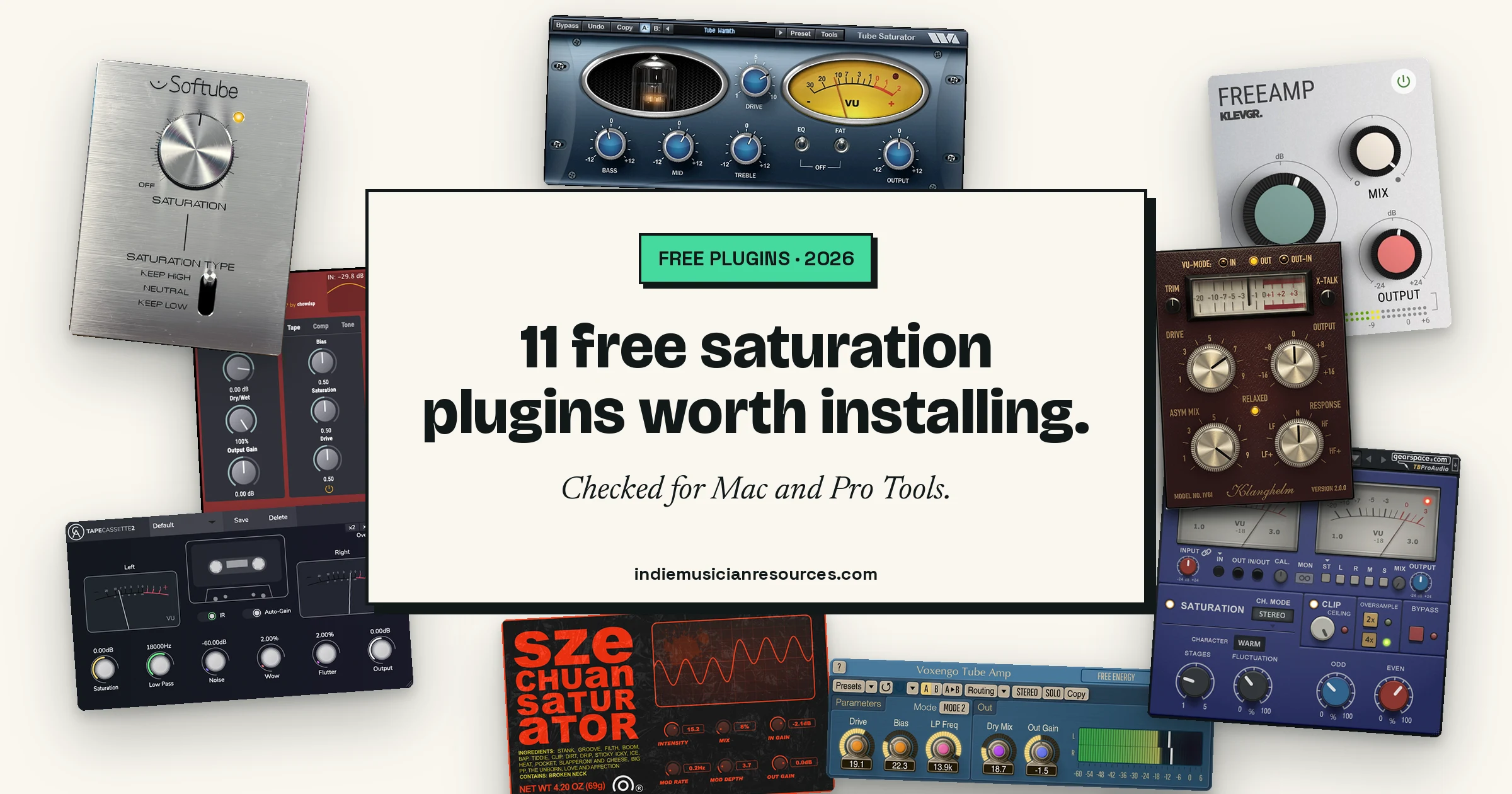 Collage of free saturation plugin windows including Klanghelm IVGI, Softube Saturation Knob and Klevgrand FreeAMP around the title 11 free saturation plugins worth installing