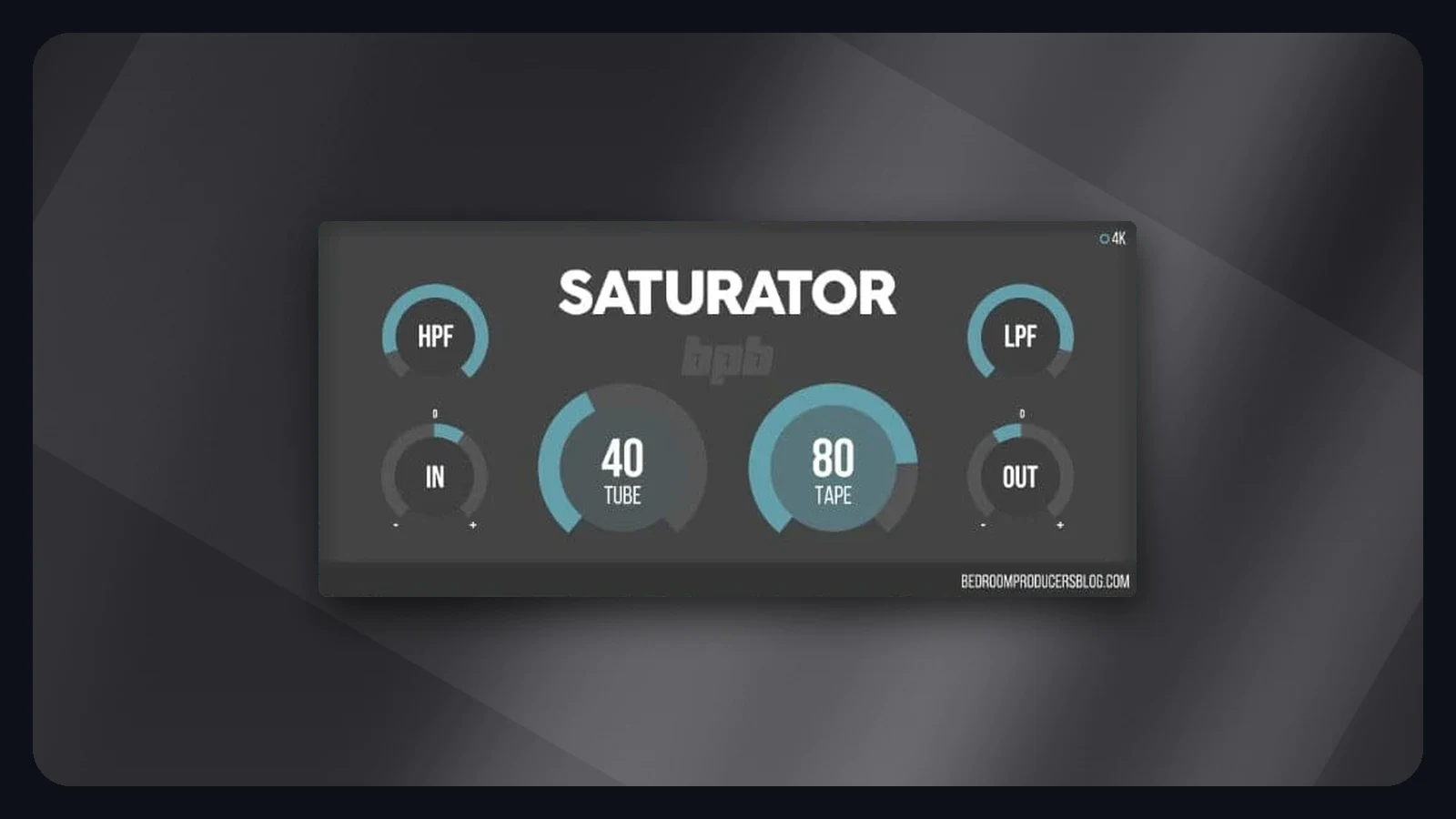 BPB Saturator free tube and tape saturation plugin with Tube and Tape knobs, high-pass and low-pass filters and input and output gain
