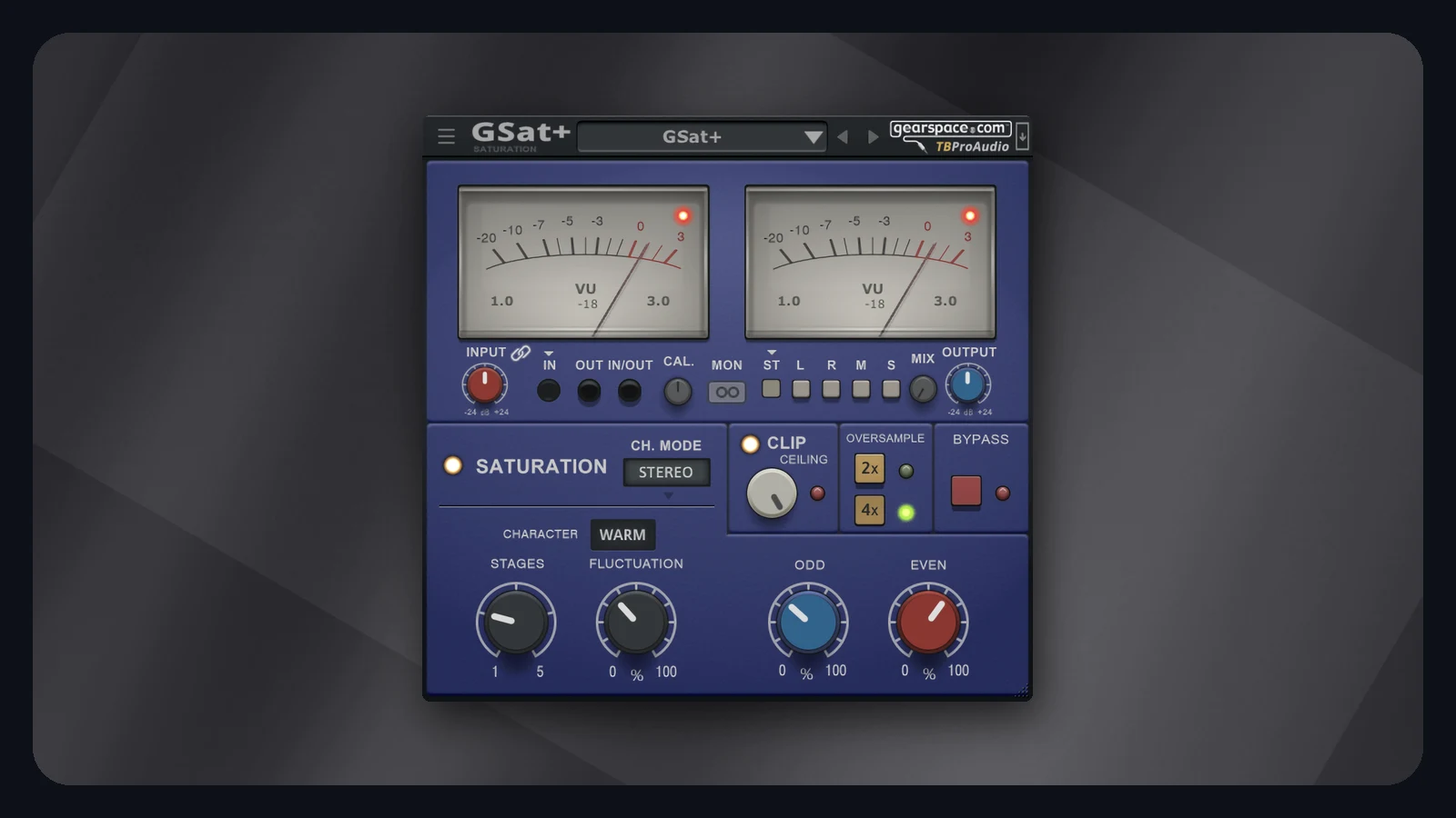 TBProAudio GSat+ free saturation plugin with separate Odd and Even harmonic knobs, VU meters and clip ceiling