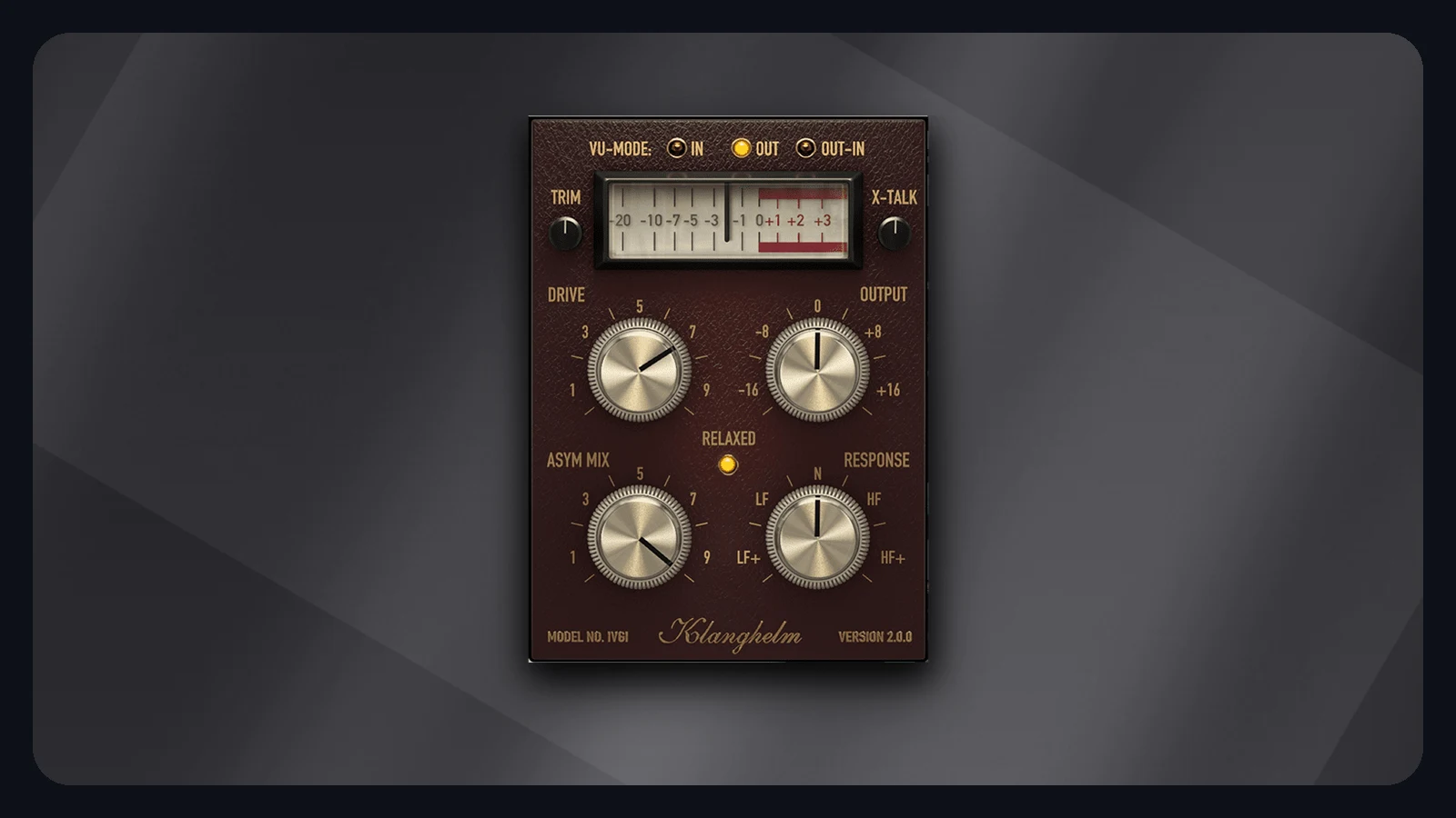 Klanghelm IVGI free saturation plugin with Drive, Output, Asym Mix and Response knobs and a VU meter