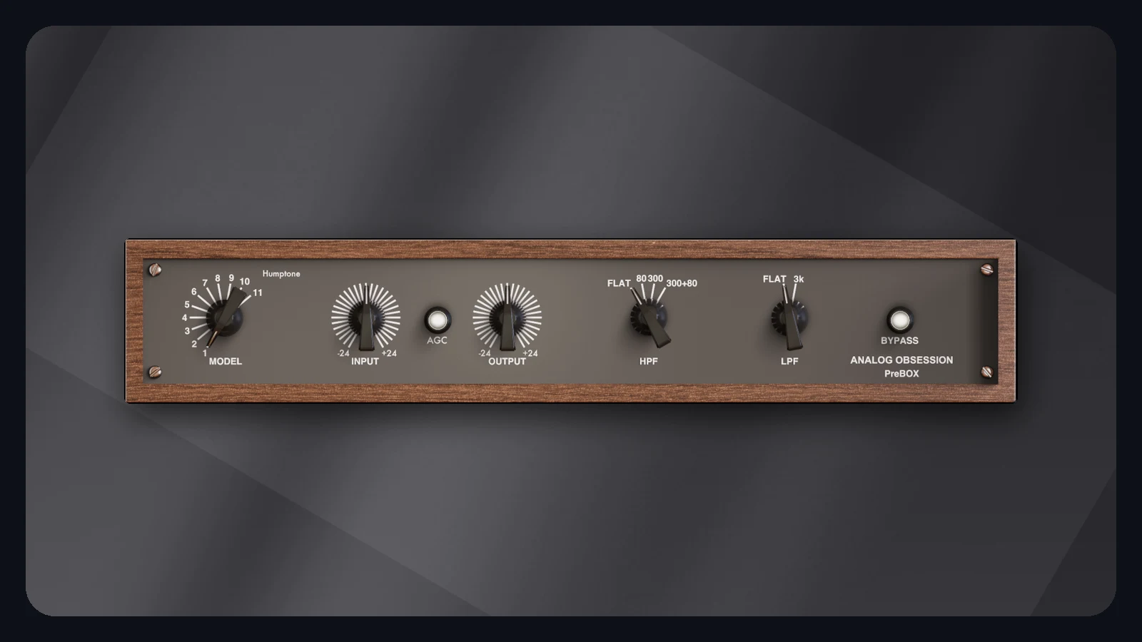 Analog Obsession PreBOX free preamp plugin with 11-position Model switch, Input, AGC, Output, HPF and LPF controls