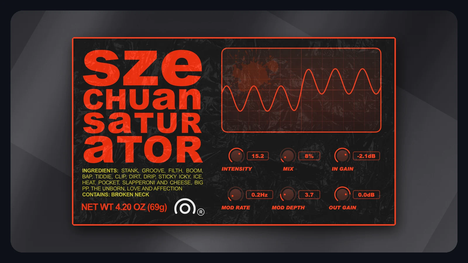 Coda Labs Szechuan Saturator free saturation plugin styled like a sauce packet, with Intensity, Mix, In Gain, Mod Rate, Mod Depth and Out Gain knobs