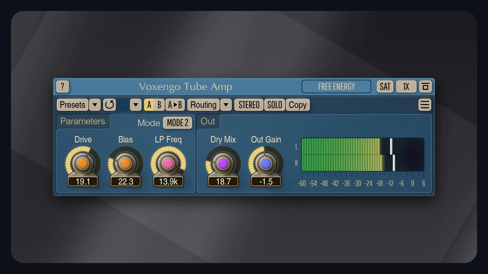 Voxengo Tube Amp free tube overdrive plugin with Drive, Bias, LP Freq, Dry Mix and Out Gain controls