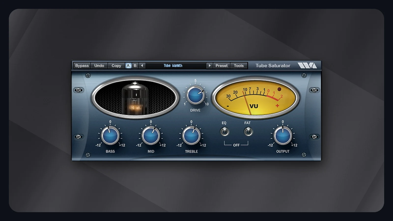 Wave Arts Tube Saturator Vintage free tube preamp plugin with Drive, three-band EQ and FAT switch